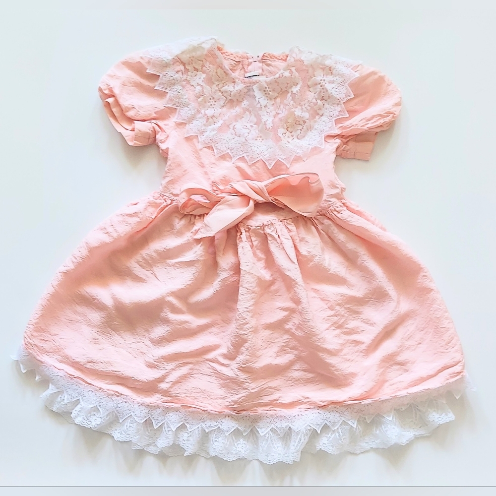 Jessica McClintock Pink Dress Bib Collar Lace Girls Size 6X Vintage